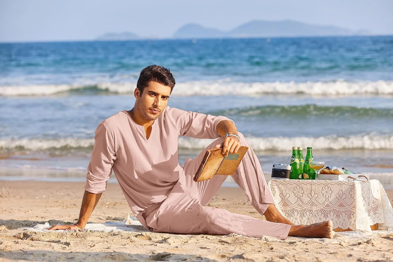 COOFANDY Men's 2 Pieces Cotton Linen Set Henley Shirt Long Sleeve and Casual Beach Pants Summer Yoga Outfits