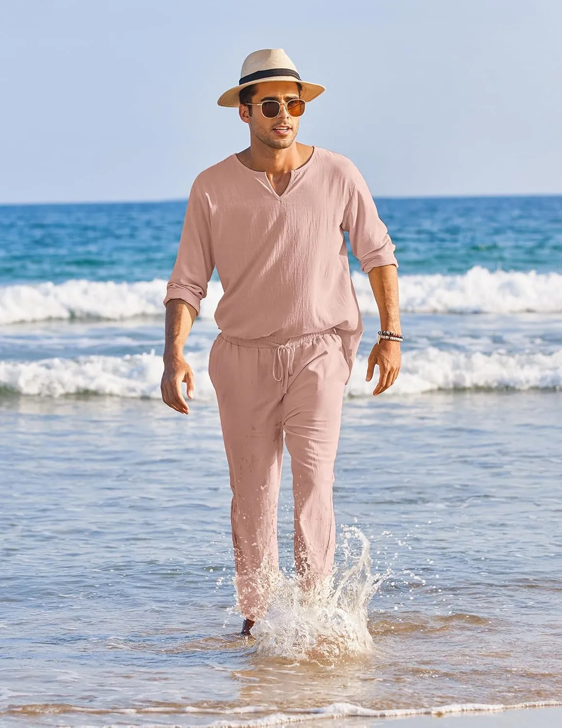 COOFANDY Men's 2 Pieces Cotton Linen Set Henley Shirt Long Sleeve and Casual Beach Pants Summer Yoga Outfits