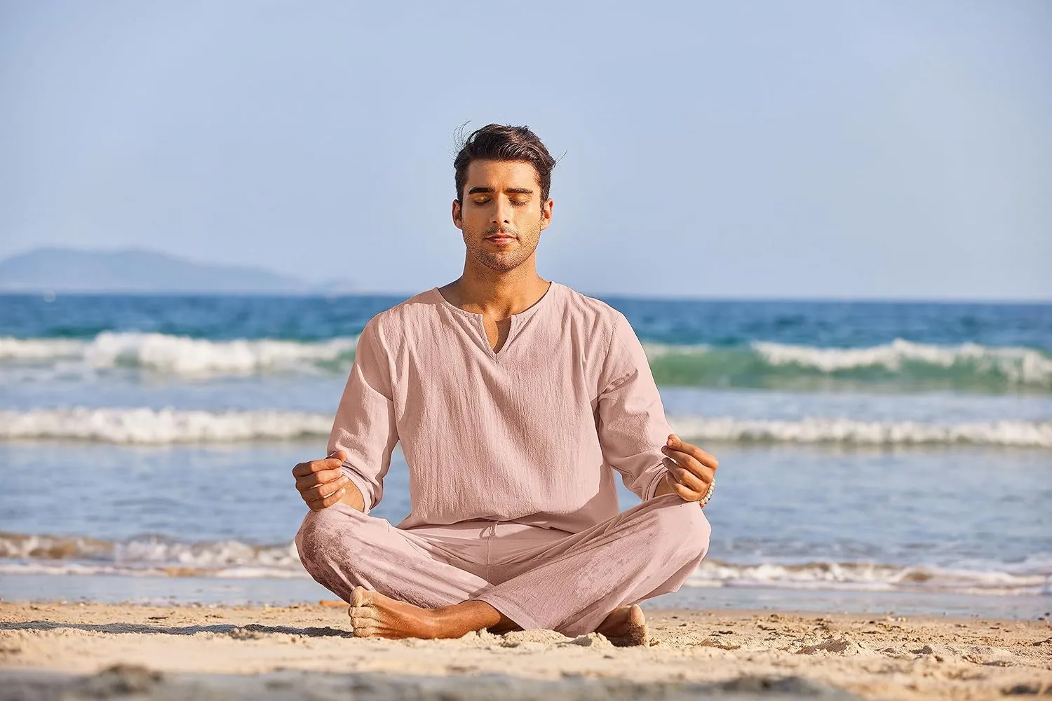 COOFANDY Men's 2 Pieces Cotton Linen Set Henley Shirt Long Sleeve and Casual Beach Pants Summer Yoga Outfits