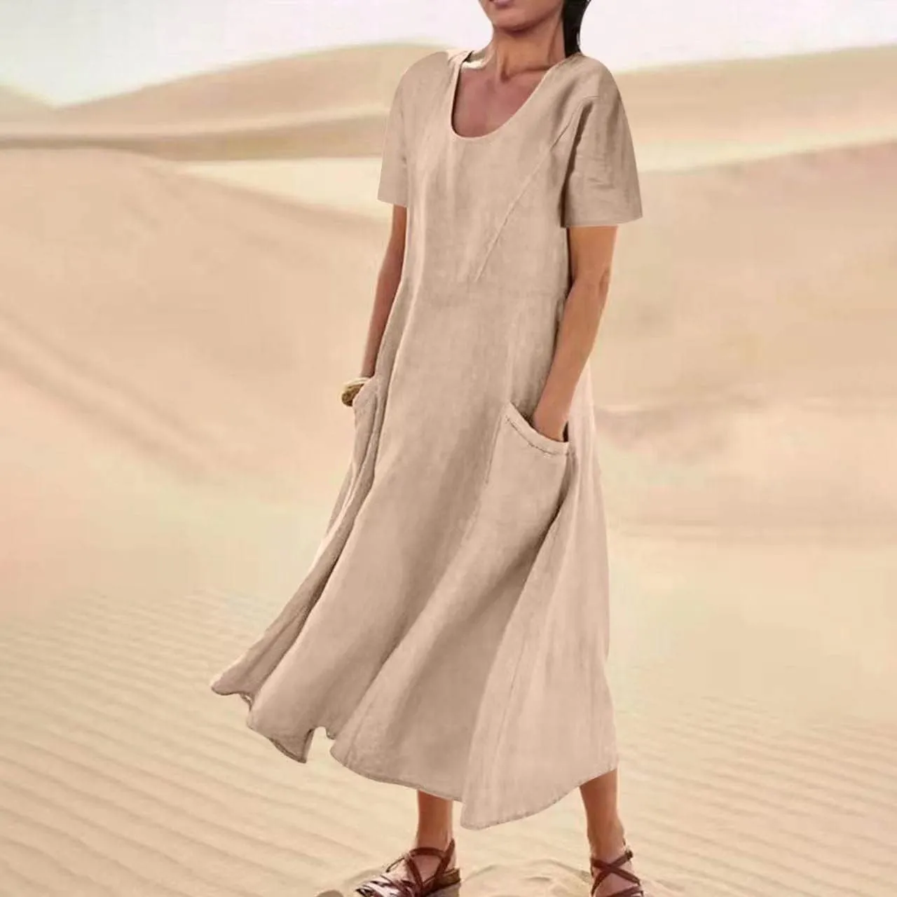 Cotton Linen Dresses for Women 2024 Trendy Casual Summer Dress Short Sleeve Flowy Maxi Dresses Boho Vacation Clothing