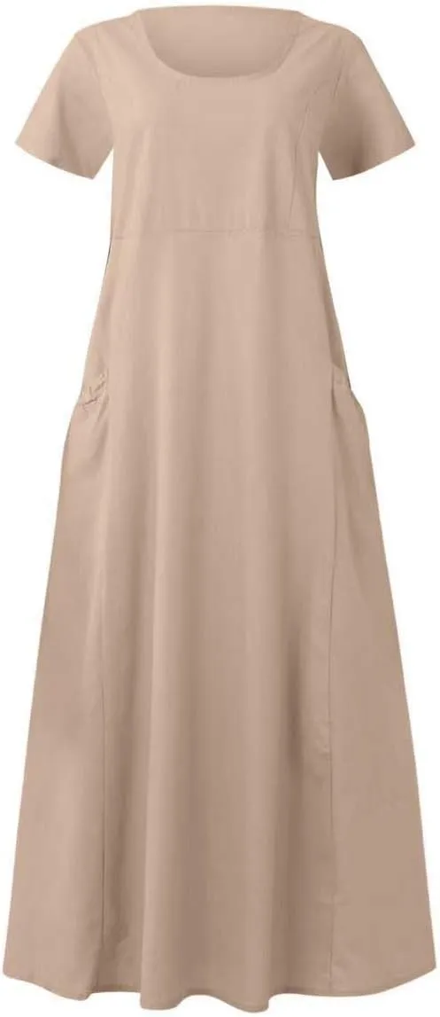 Cotton Linen Dresses for Women 2024 Trendy Casual Summer Dress Short Sleeve Flowy Maxi Dresses Boho Vacation Clothing