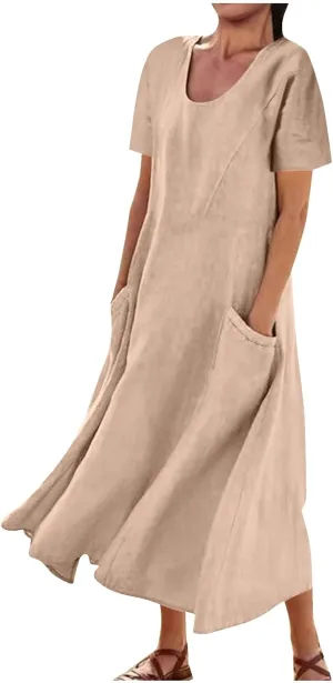 Cotton Linen Dresses for Women 2024 Trendy Casual Summer Dress Short Sleeve Flowy Maxi Dresses Boho Vacation Clothing