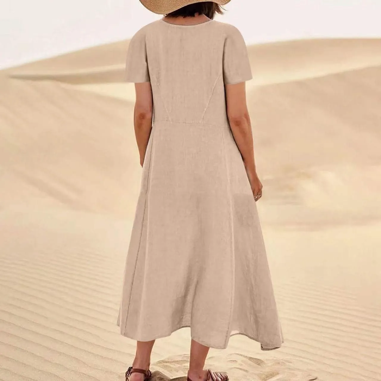 Cotton Linen Dresses for Women 2024 Trendy Casual Summer Dress Short Sleeve Flowy Maxi Dresses Boho Vacation Clothing