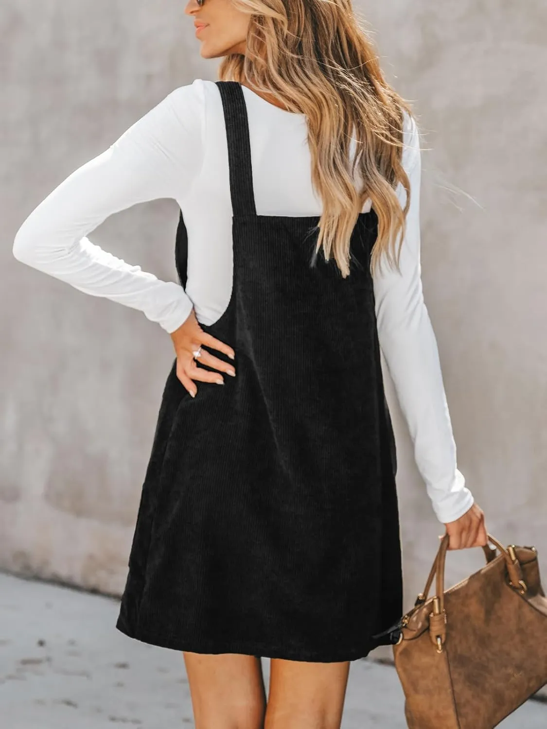 CUPSHE Women Corduroy Summer Dress Front Bib Pocket Square Neck Wide Strap Casual Overall Holiday Vacation Fall Mini Dress