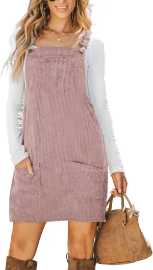CUPSHE Women Corduroy Summer Dress Front Bib Pocket Square Neck Wide Strap Casual Overall Holiday Vacation Fall Mini Dress
