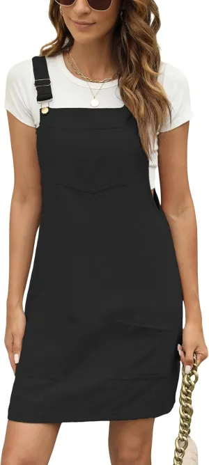 CUPSHE Women Corduroy Summer Dress Front Bib Pocket Square Neck Wide Strap Casual Overall Holiday Vacation Fall Mini Dress