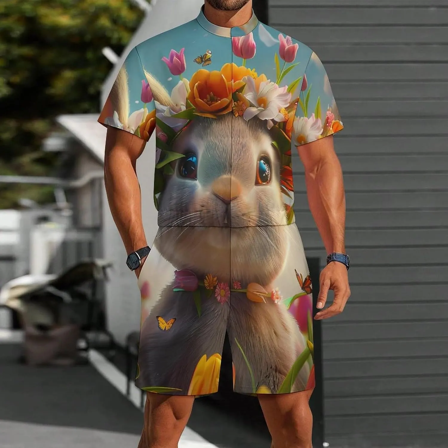 Cute Rabbit Eggs Floral Mens Short Sleeve Rompers Printed Slim Fit One Piece Jumpsuit with Pocket