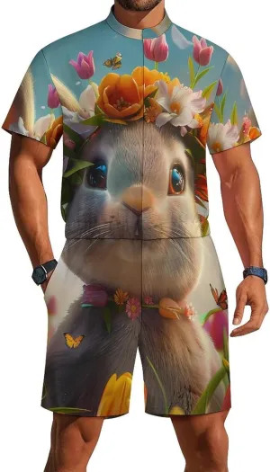 Cute Rabbit Eggs Floral Mens Short Sleeve Rompers Printed Slim Fit One Piece Jumpsuit with Pocket