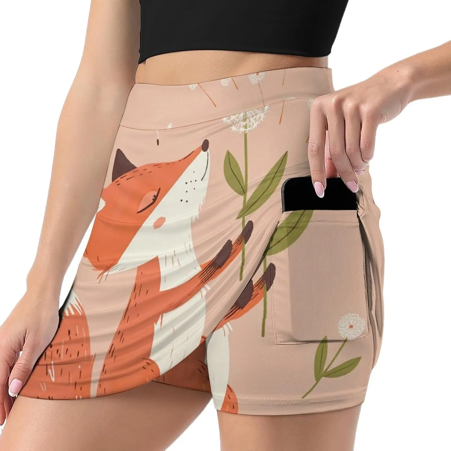 Dandelion Fox Animal Women's Skort Athletic Skirt Golf Skorts A-line Skirts with Built-in Shorts Pockets