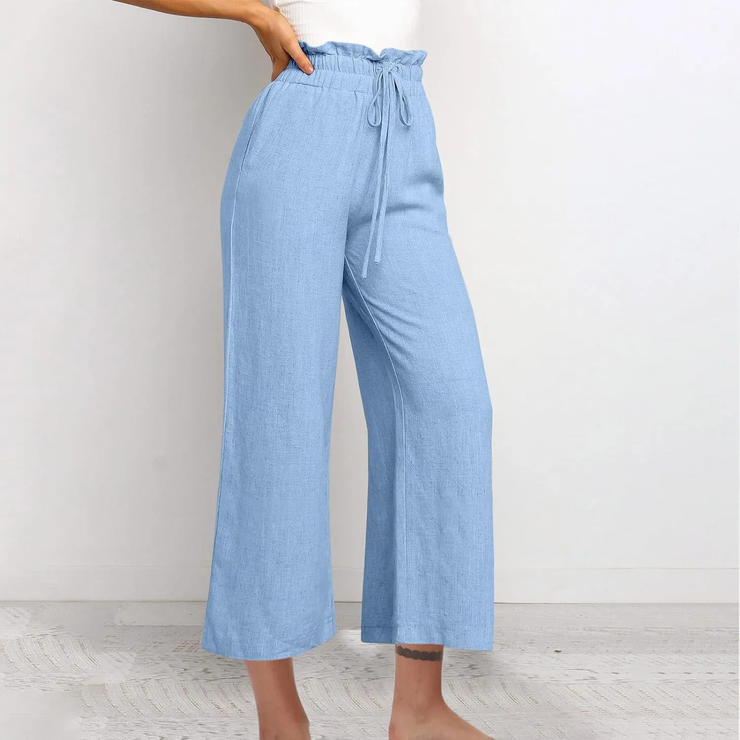 DASAYO Linen Pants Women Summer Drawstring Ruffle High Waisted Cropped Palazzo Casual Loose Wide Leg Trousers with Pockets