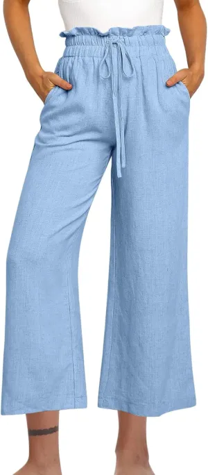 DASAYO Linen Pants Women Summer Drawstring Ruffle High Waisted Cropped Palazzo Casual Loose Wide Leg Trousers with Pockets
