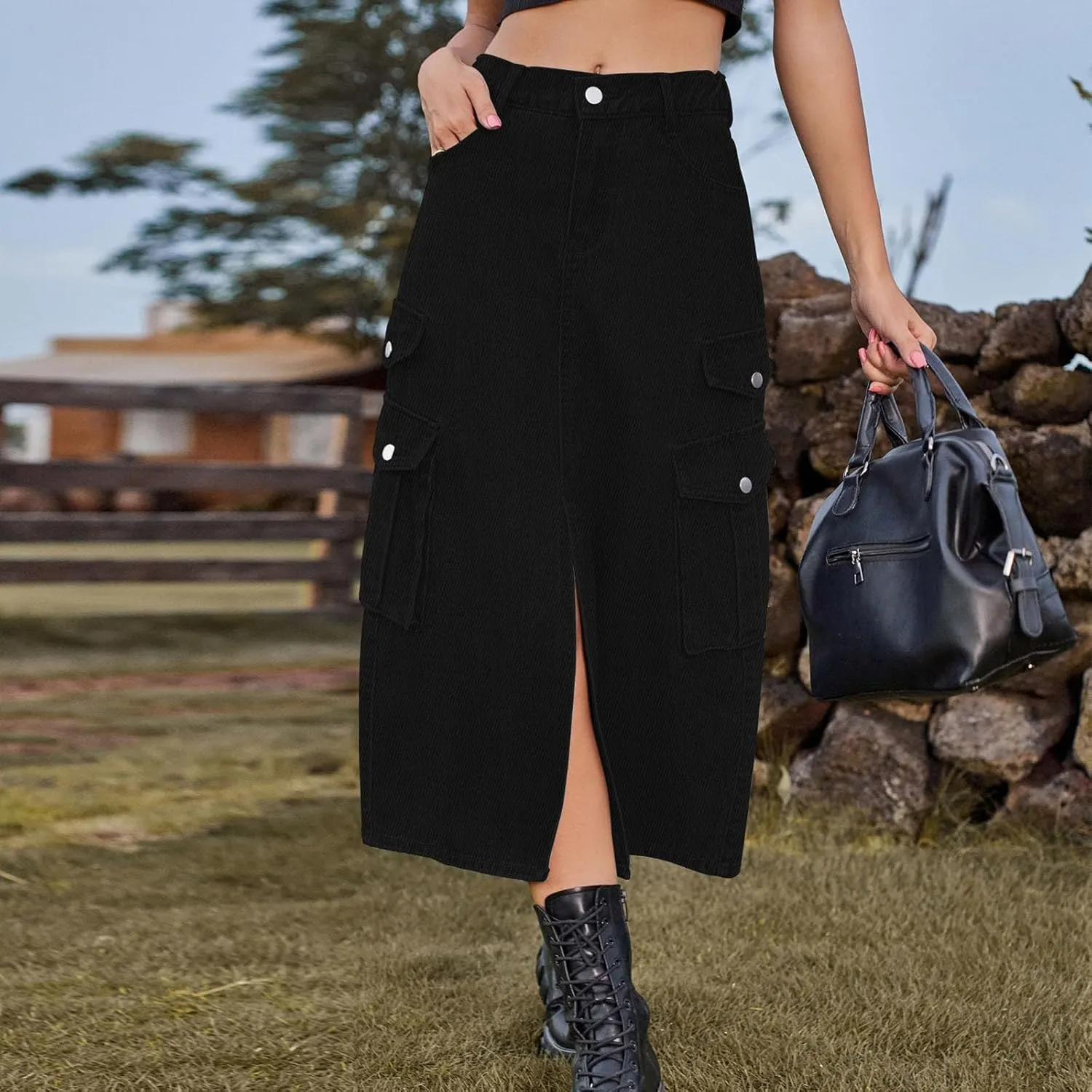 Denim Skirt for Women 2024 Casual A-Line Front Split Midi Skirt Teen Girls Cute High Waisted Jean Skirt with Pocket
