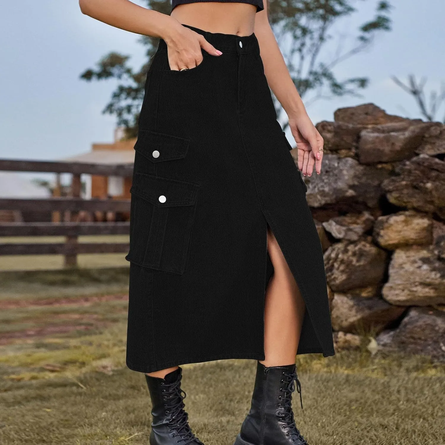 Denim Skirt for Women 2024 Casual A-Line Front Split Midi Skirt Teen Girls Cute High Waisted Jean Skirt with Pocket