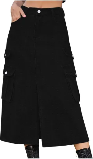 Denim Skirt for Women 2024 Casual A-Line Front Split Midi Skirt Teen Girls Cute High Waisted Jean Skirt with Pocket