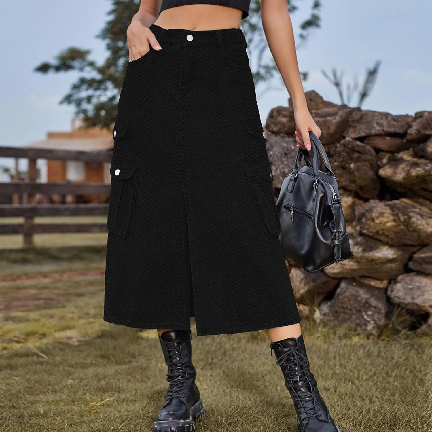 Denim Skirt for Women 2024 Casual A-Line Front Split Midi Skirt Teen Girls Cute High Waisted Jean Skirt with Pocket