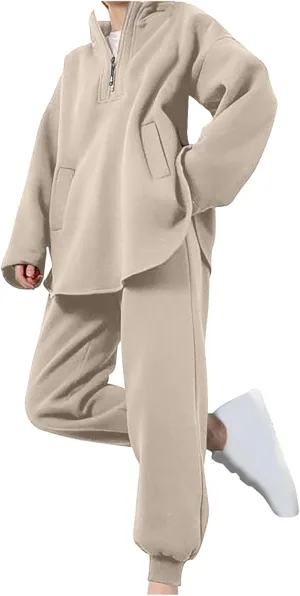 DOLKFU Womens 2 Piece Outfits Half Zip Oversized Pullover Sweatsuit with Pockets High Waist Sweatpants Tacksuit