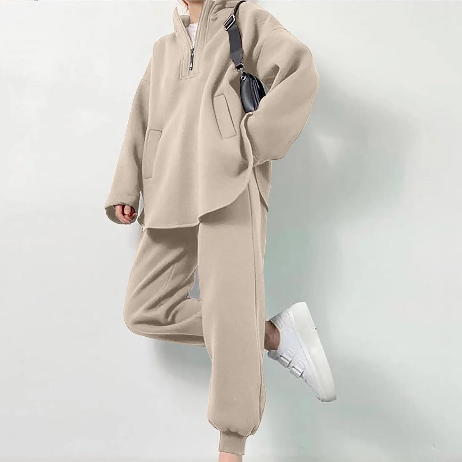 DOLKFU Womens 2 Piece Outfits Half Zip Oversized Pullover Sweatsuit with Pockets High Waist Sweatpants Tacksuit