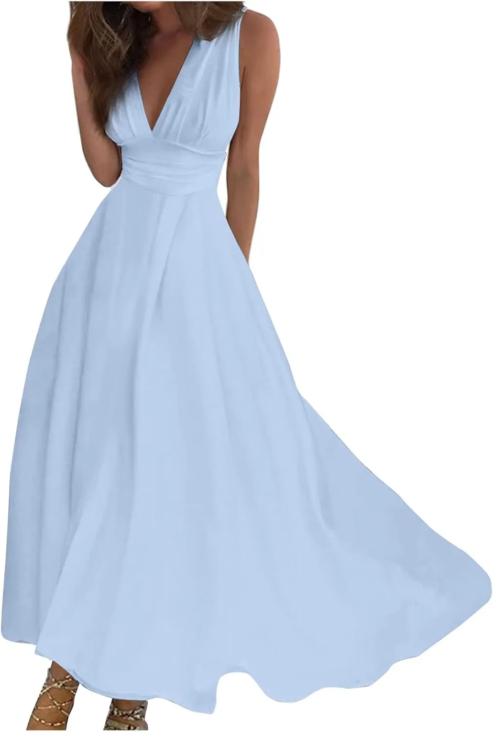 Dresses for Women 2025 Flowy Ruched Sleeveless Beach Dresses Wrap V Neck Floral Printed Maxi Dress Boho Sundresses