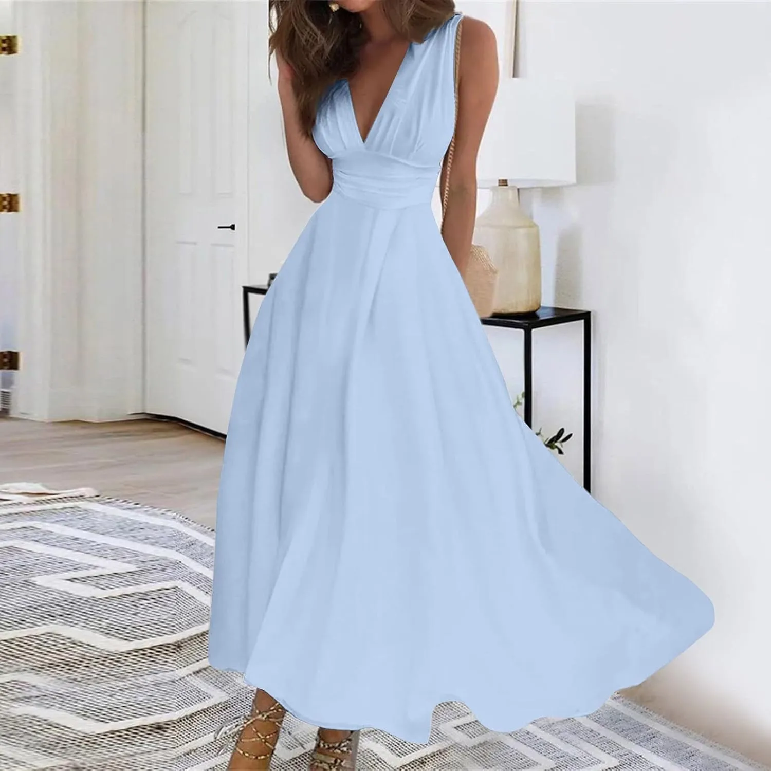 Dresses for Women 2025 Flowy Ruched Sleeveless Beach Dresses Wrap V Neck Floral Printed Maxi Dress Boho Sundresses