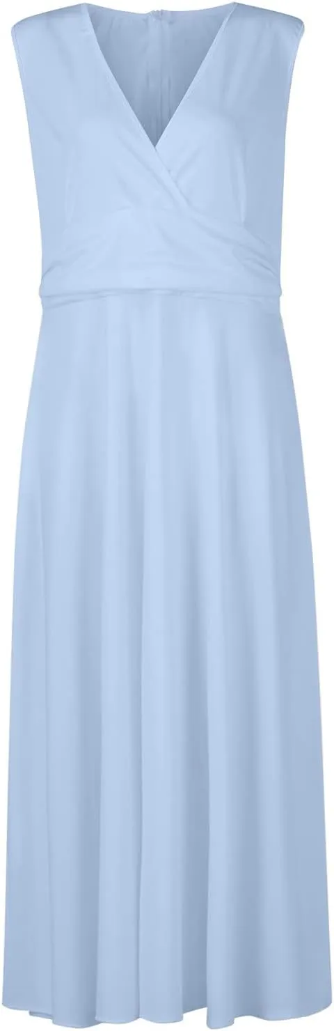 Dresses for Women 2025 Flowy Ruched Sleeveless Beach Dresses Wrap V Neck Floral Printed Maxi Dress Boho Sundresses