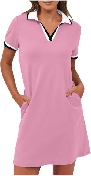 Dresses for Women 2025 Short Sleeve V Neck Casual Lapel Sundress Summer Tennis Golf Mini Shirt Dress with Pockets