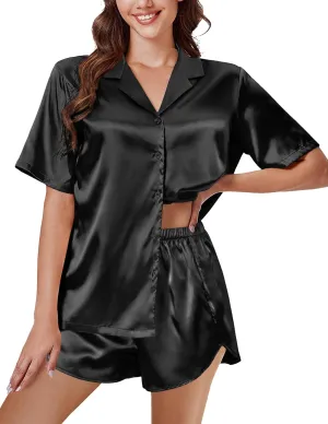 Ekouaer Silk Pajama Sets Womens Short Sleeve Sleepwear Satin 2 Piece Button Down Loungewear Pjs Shorts Set S-XXL