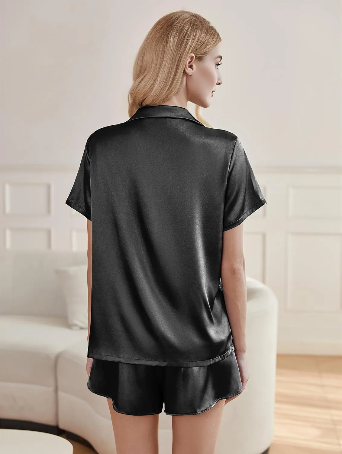 Ekouaer Silk Pajama Sets Womens Short Sleeve Sleepwear Satin 2 Piece Button Down Loungewear Pjs Shorts Set S-XXL