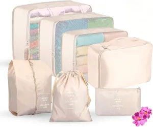 Ewise Shop - 7-Piece Set of Packing Cubes for Travel, Luggage, and Suitcases: Resistant and Waterproof Organizer Bags (Beige)