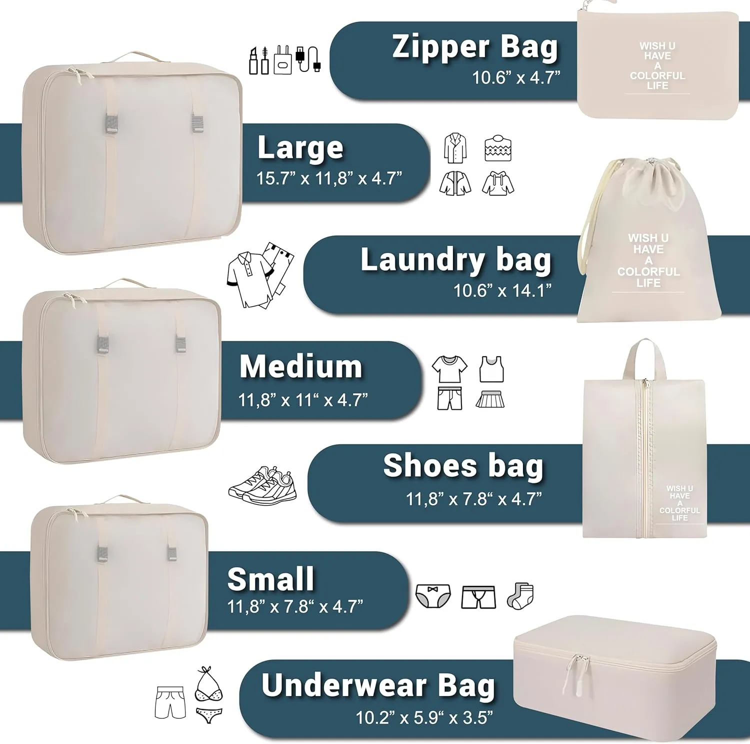 Ewise Shop - 7-Piece Set of Packing Cubes for Travel, Luggage, and Suitcases: Resistant and Waterproof Organizer Bags (Beige)