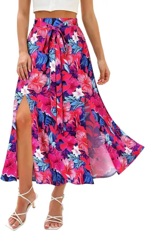 Ezcosplay Women Maxi Hawaiian Floral Slit Skirt High Elastic Waisted Split Thigh Long Skirts with Pockets