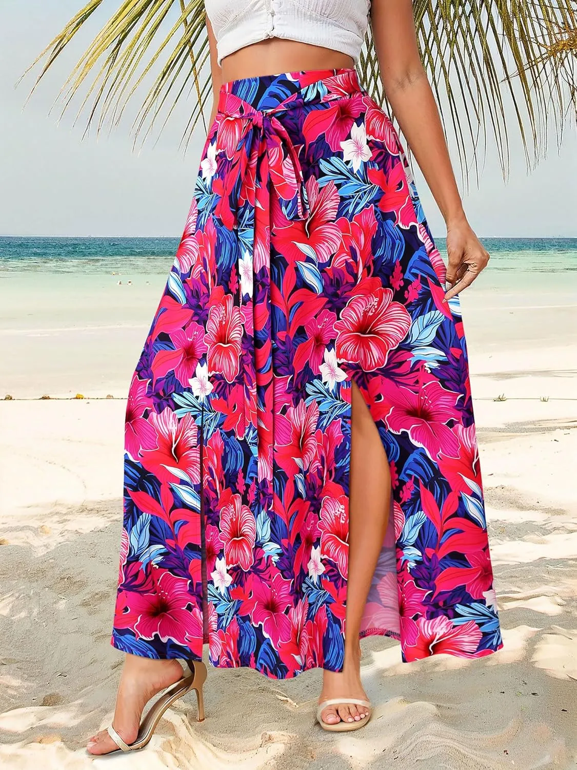 Ezcosplay Women Maxi Hawaiian Floral Slit Skirt High Elastic Waisted Split Thigh Long Skirts with Pockets