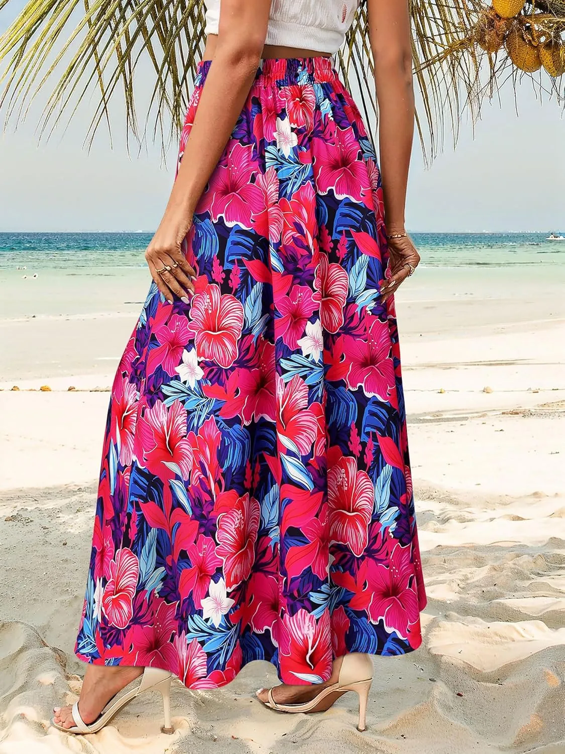 Ezcosplay Women Maxi Hawaiian Floral Slit Skirt High Elastic Waisted Split Thigh Long Skirts with Pockets