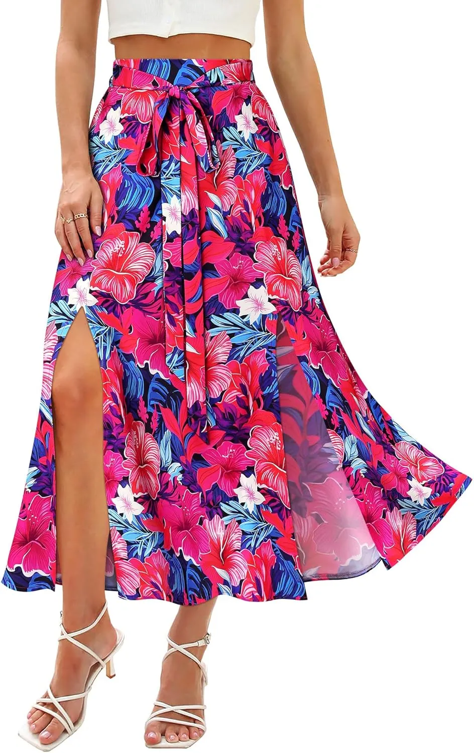Ezcosplay Women Maxi Hawaiian Floral Slit Skirt High Elastic Waisted Split Thigh Long Skirts with Pockets