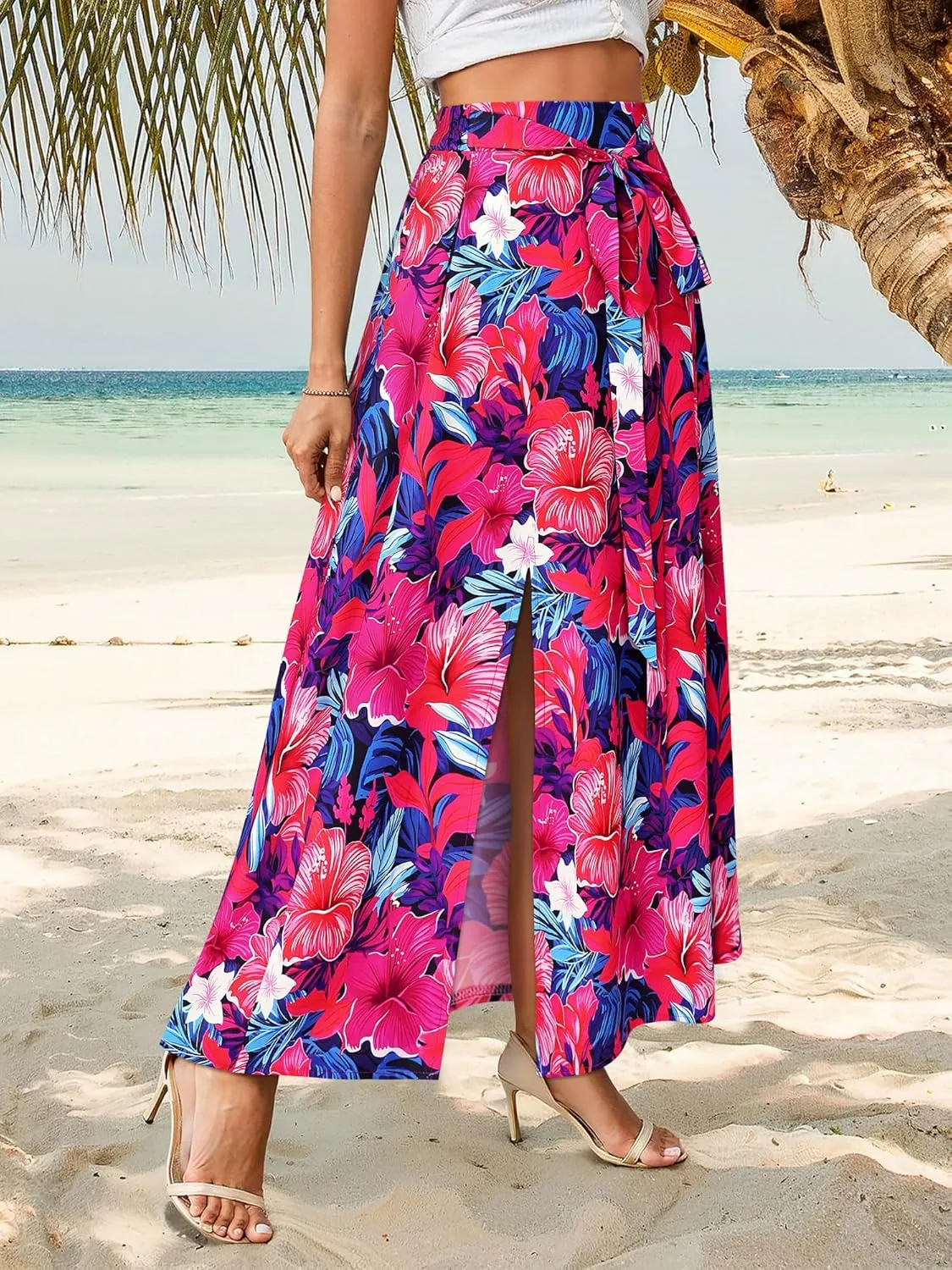 Ezcosplay Women Maxi Hawaiian Floral Slit Skirt High Elastic Waisted Split Thigh Long Skirts with Pockets