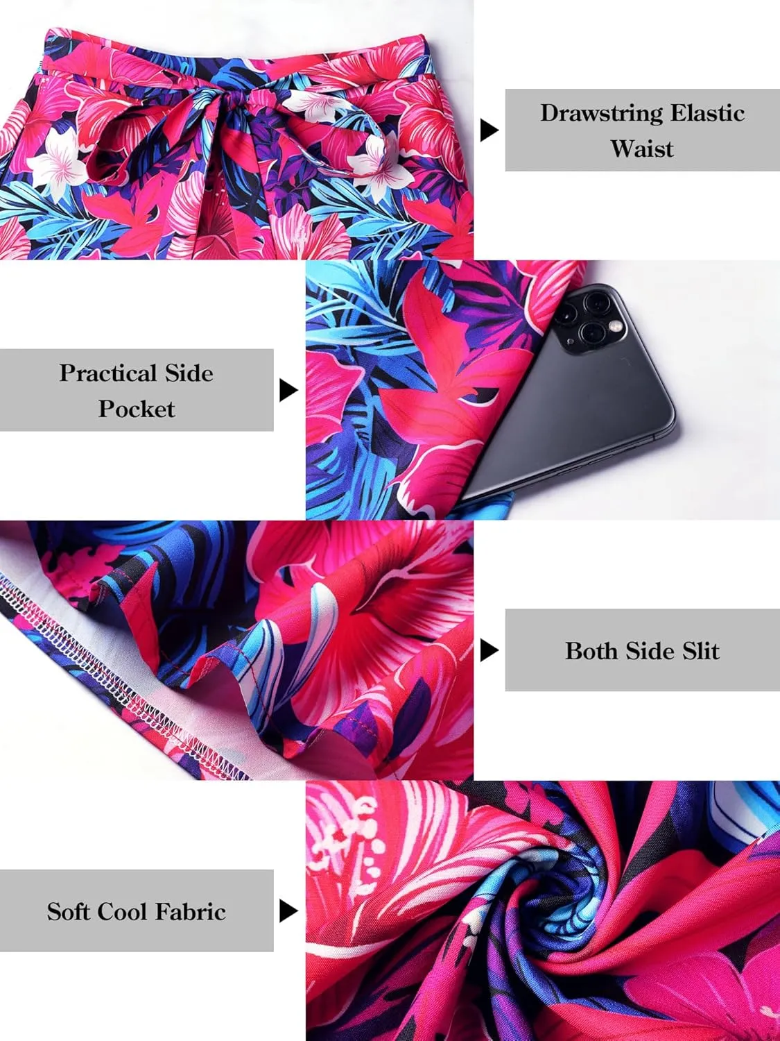 Ezcosplay Women Maxi Hawaiian Floral Slit Skirt High Elastic Waisted Split Thigh Long Skirts with Pockets