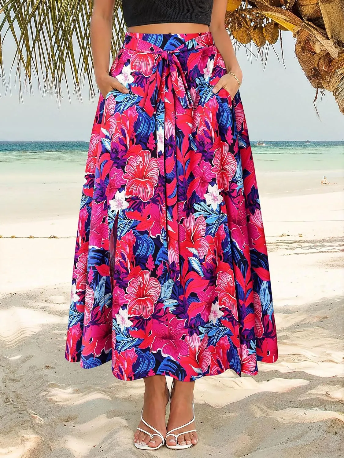 Ezcosplay Women Maxi Hawaiian Floral Slit Skirt High Elastic Waisted Split Thigh Long Skirts with Pockets