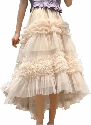 Fairy Tulle Midi Skirts for Women High Waist Ruffle Swing Aline Tutu Skirt Spring Summer Long Half Dress Outfits