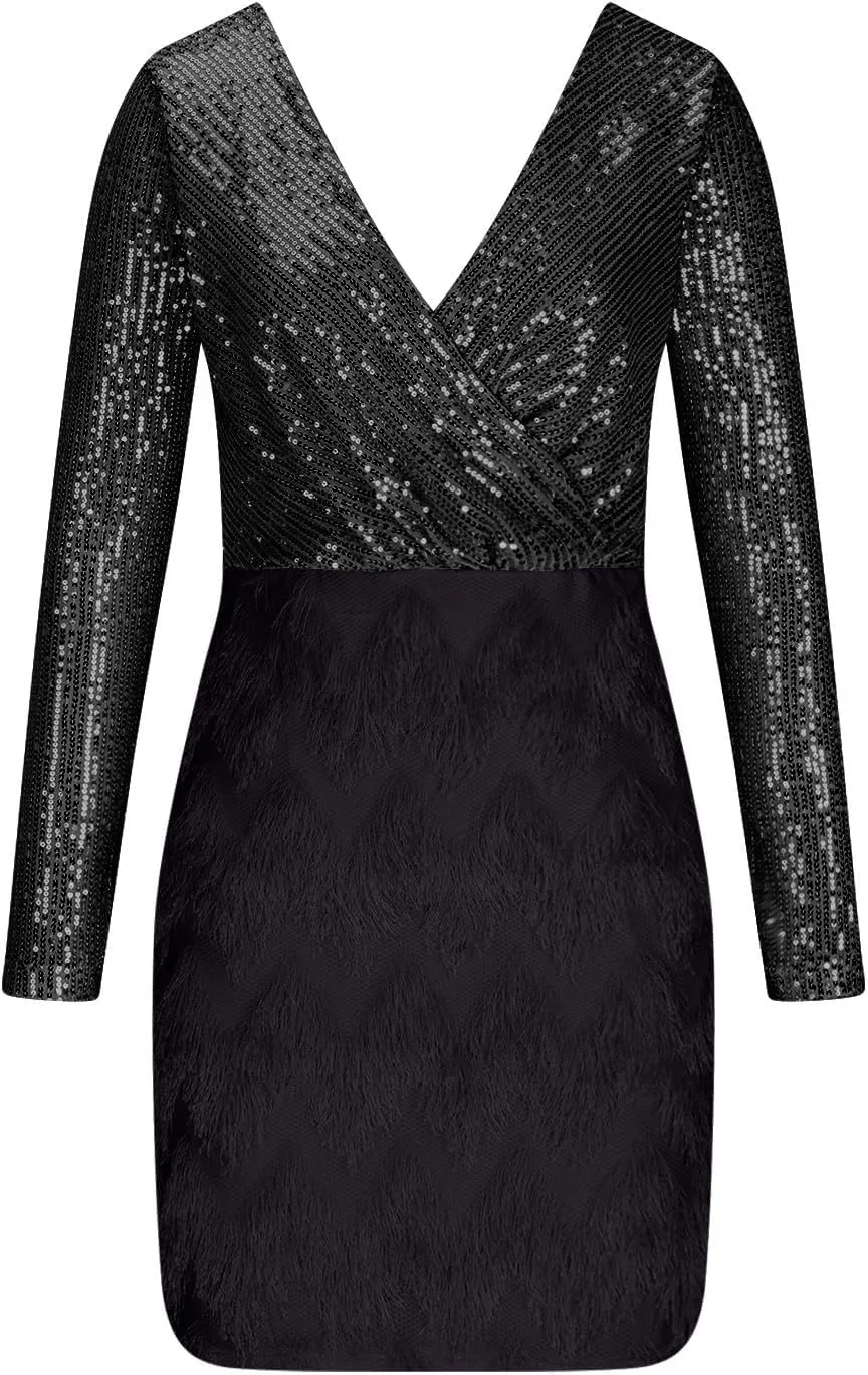Firzero Plus Size Formal Dresses for Women 2024 Trendy Sequin Evening Party Dresses Sexy Lantern Sleeve V Neck Dresses Belt