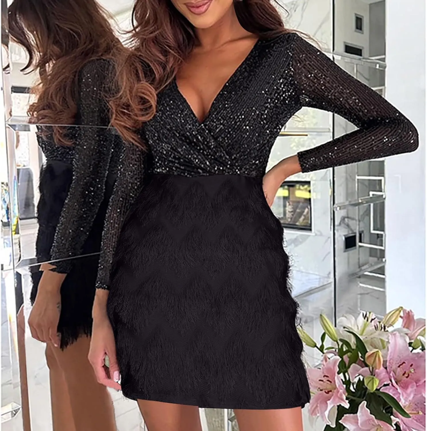 Firzero Plus Size Formal Dresses for Women 2024 Trendy Sequin Evening Party Dresses Sexy Lantern Sleeve V Neck Dresses Belt