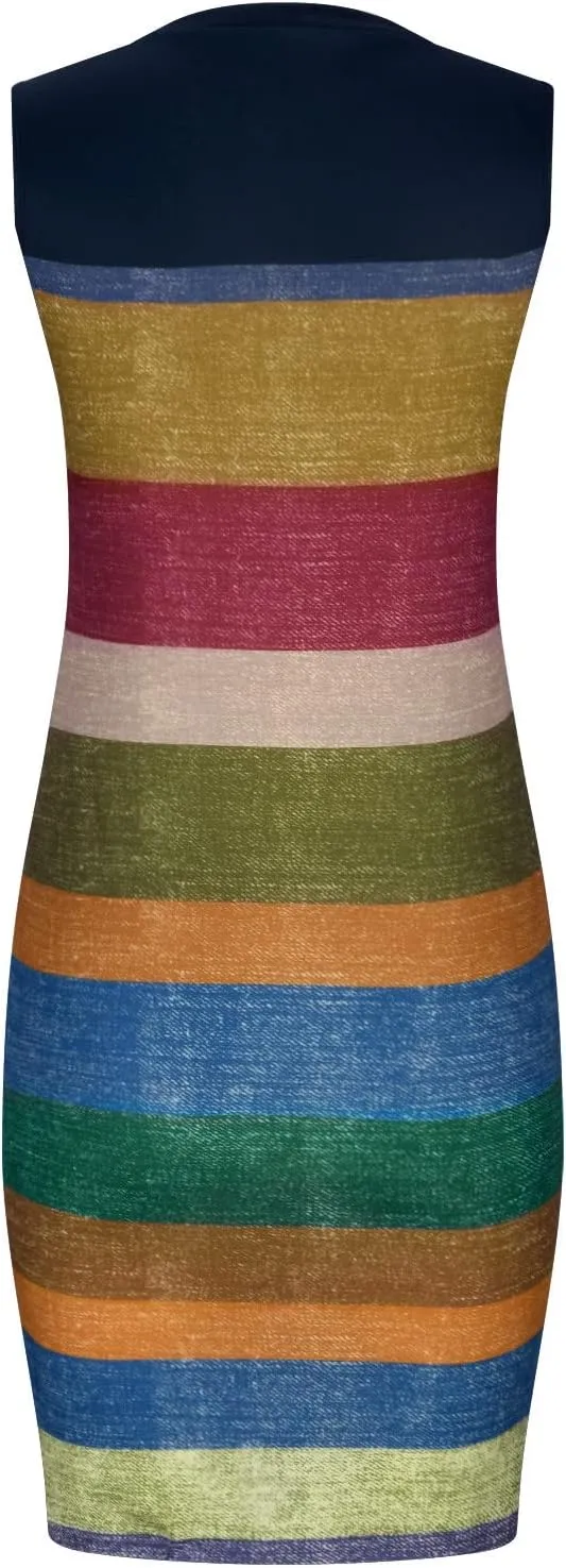 Firzero Women V Neck Beach Dress Botton Down Sleeveless Striped Mini Dresses Plus Size Summer Casual Crewneck Tank Dresses