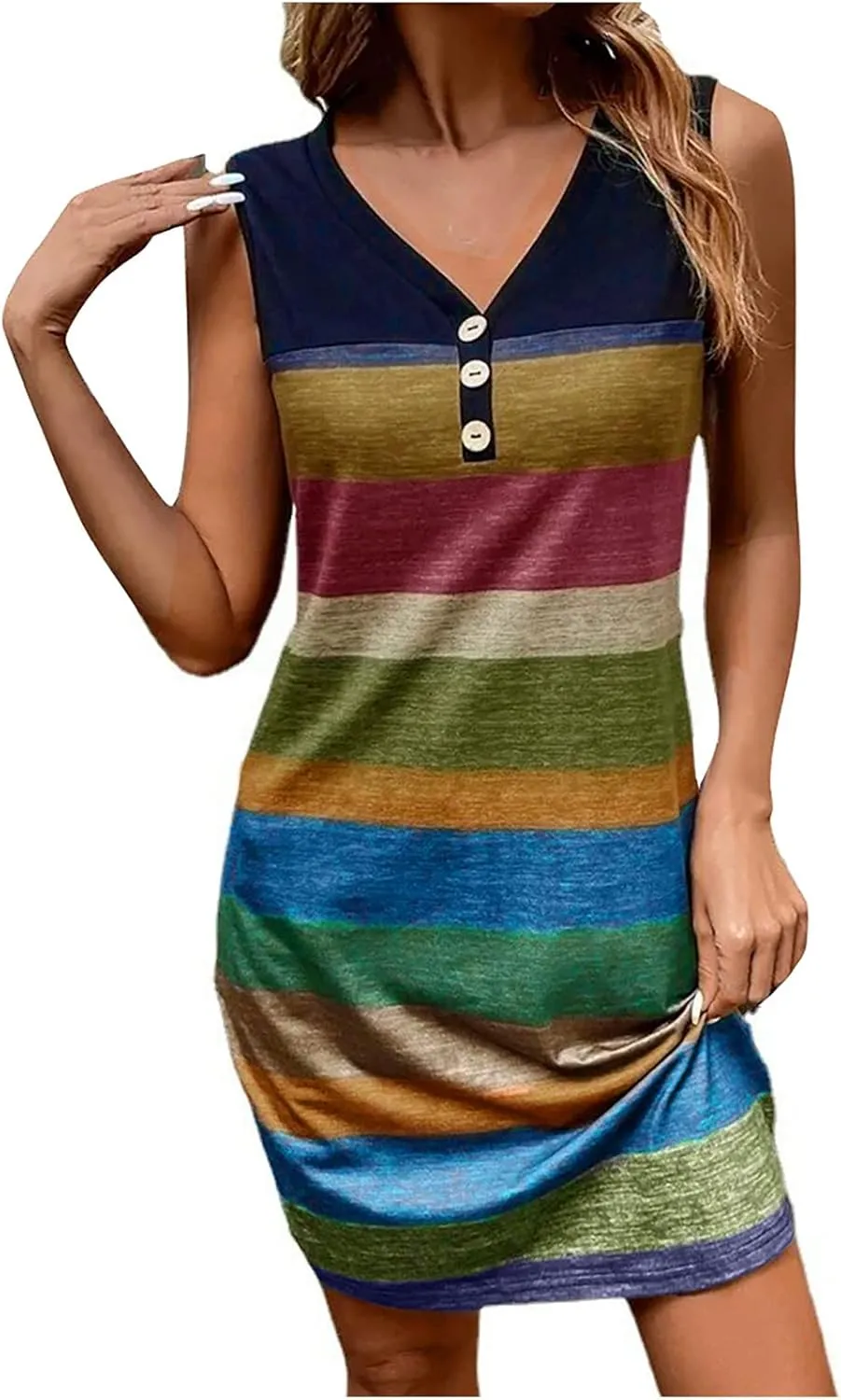 Firzero Women V Neck Beach Dress Botton Down Sleeveless Striped Mini Dresses Plus Size Summer Casual Crewneck Tank Dresses