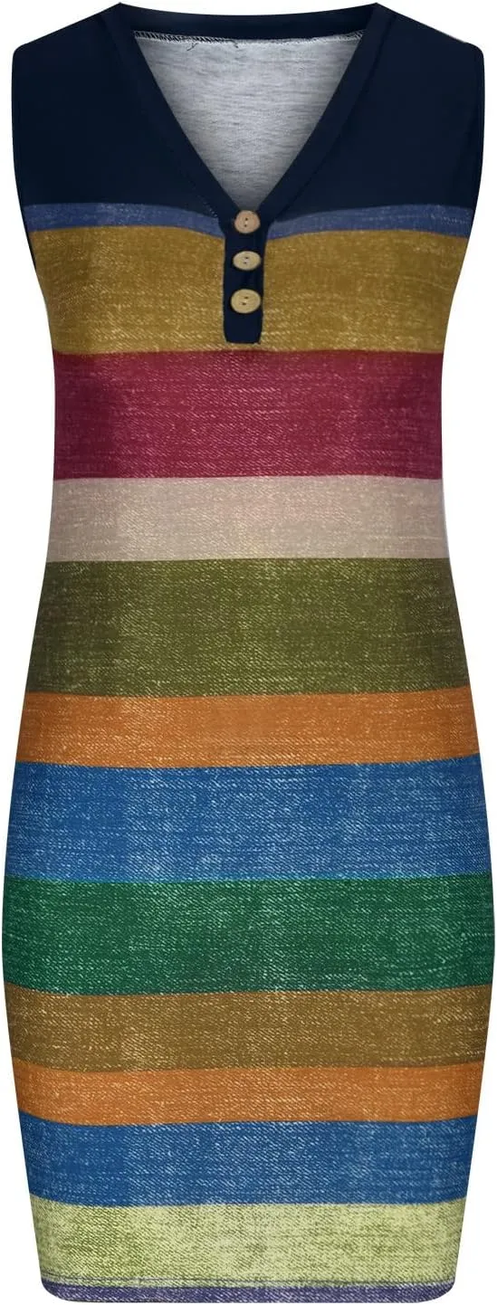 Firzero Women V Neck Beach Dress Botton Down Sleeveless Striped Mini Dresses Plus Size Summer Casual Crewneck Tank Dresses