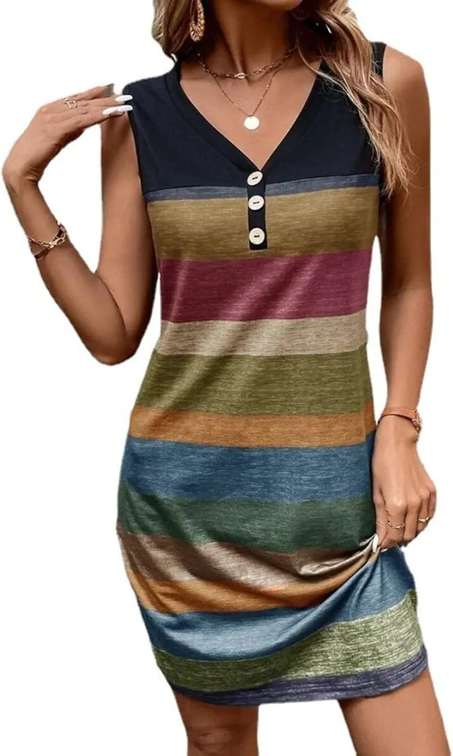 Firzero Women V Neck Beach Dress Botton Down Sleeveless Striped Mini Dresses Plus Size Summer Casual Crewneck Tank Dresses