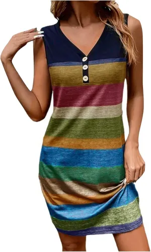 Firzero Women V Neck Beach Dress Botton Down Sleeveless Striped Mini Dresses Plus Size Summer Casual Crewneck Tank Dresses