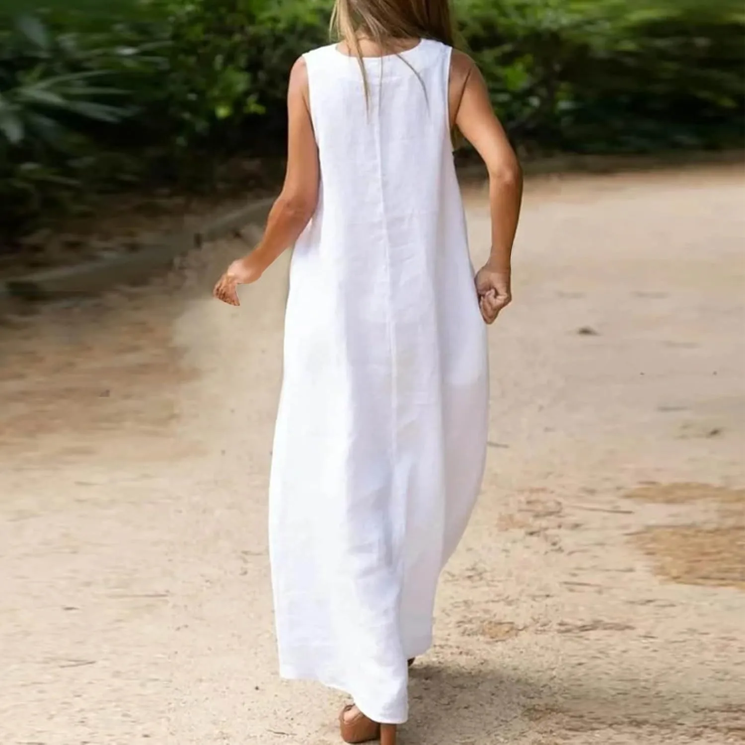 Firzero Womens Casual Tank Dress 2024 Summer Crewneck Sleeveless Sundress Cotton Linen Long Dresses Flowy Maxi Beach Dress