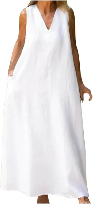 Firzero Womens Casual Tank Dress 2024 Summer Crewneck Sleeveless Sundress Cotton Linen Long Dresses Flowy Maxi Beach Dress