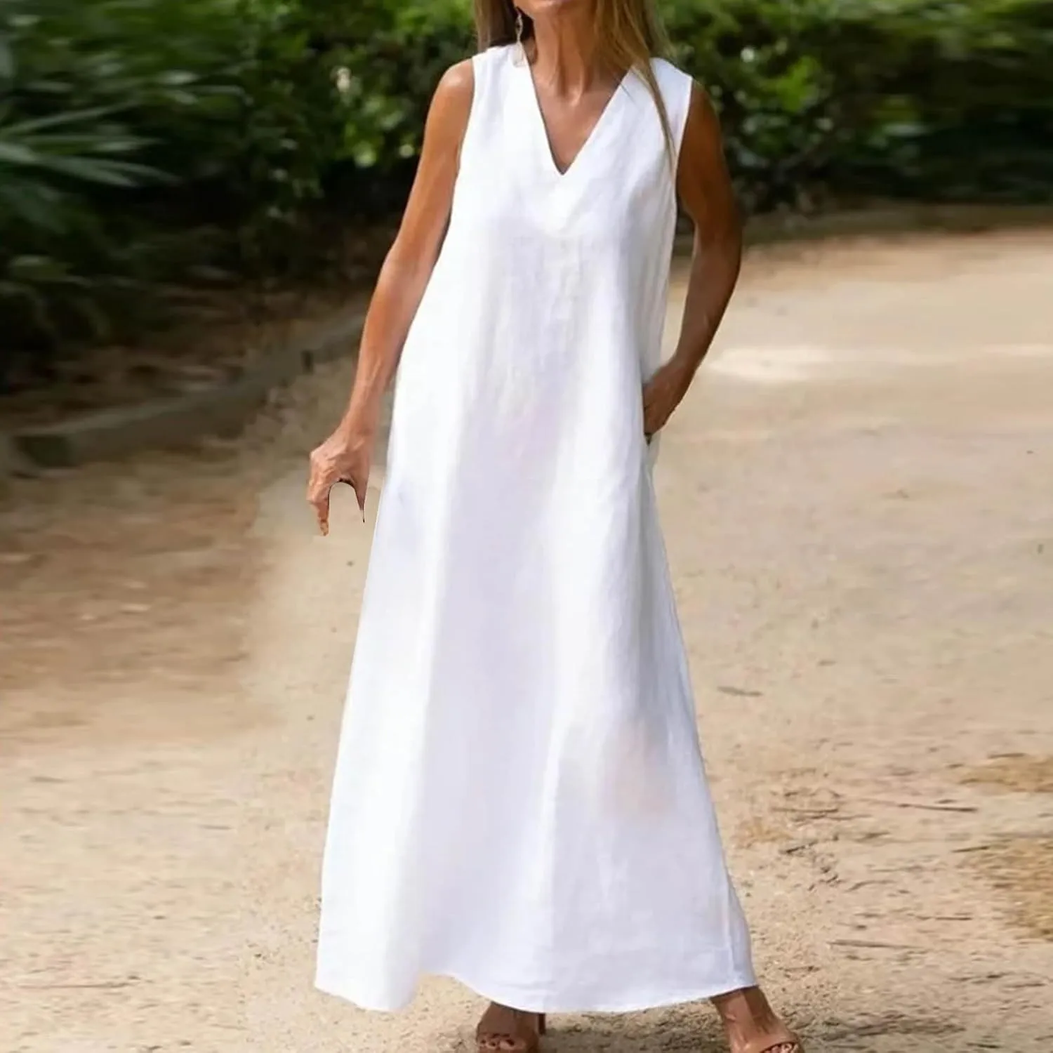 Firzero Womens Casual Tank Dress 2024 Summer Crewneck Sleeveless Sundress Cotton Linen Long Dresses Flowy Maxi Beach Dress
