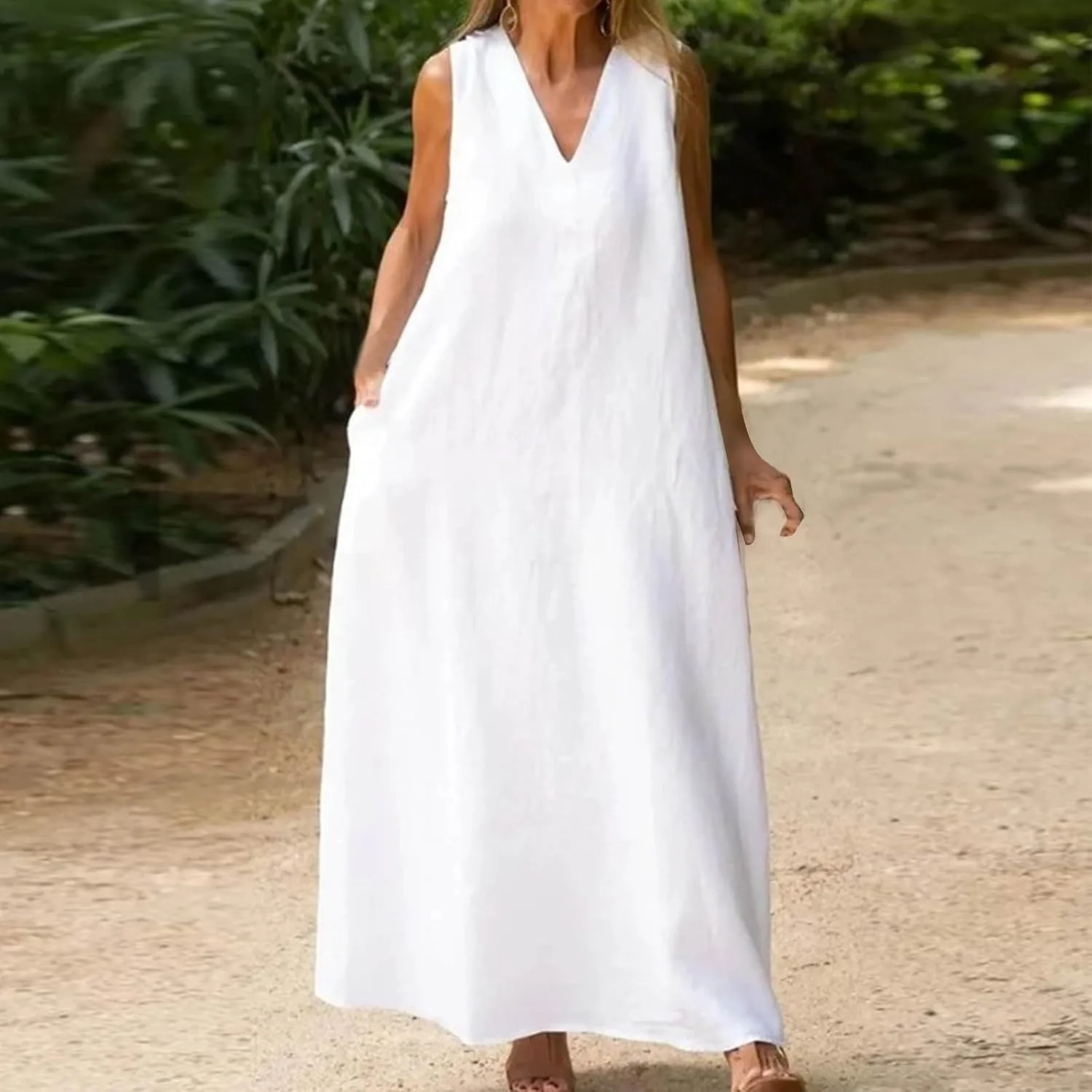 Firzero Womens Casual Tank Dress 2024 Summer Crewneck Sleeveless Sundress Cotton Linen Long Dresses Flowy Maxi Beach Dress