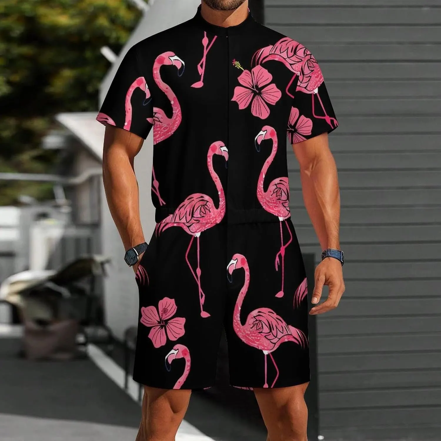 Flamingo Hibiscus Floral Mens Short Sleeve Rompers Printed Slim Fit One Piece Jumpsuit with Pocket
