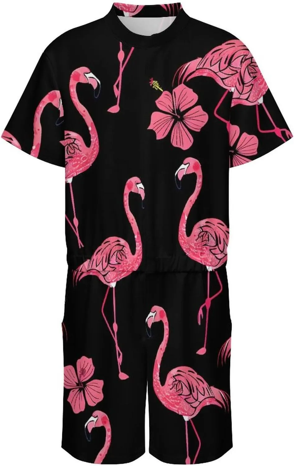 Flamingo Hibiscus Floral Mens Short Sleeve Rompers Printed Slim Fit One Piece Jumpsuit with Pocket